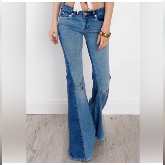 RARE Free People Color Block Two Tone Frayed distressed super flare jeans - Picture 1 of 9